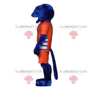 Blaues Tigermaskottchen in orange Sportbekleidung -