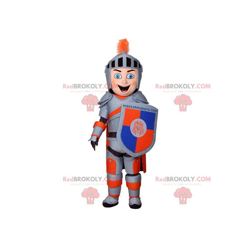 Mascotte de chevalier avec une armure grise et orange -