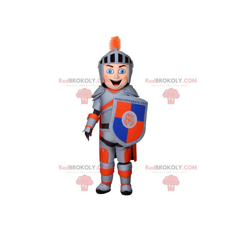 Riddermaskot med grå og orange rustning - Redbrokoly.com