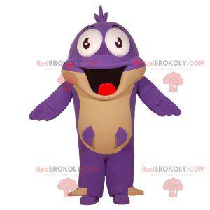 Mascotte di pesce viola e beige divertente e sorridente -