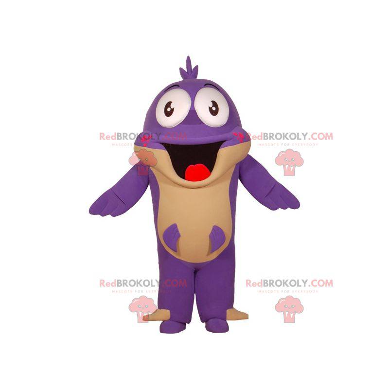 Mascote peixe roxo e bege engraçado e sorridente -