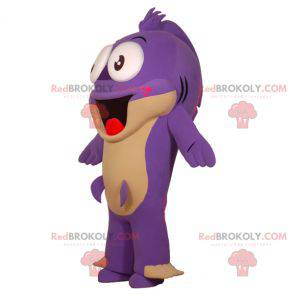 Mascotte di pesce viola e beige divertente e sorridente -