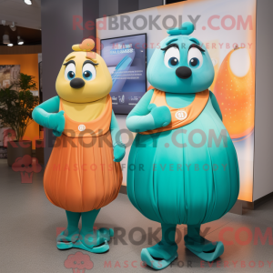 Teal Apricot mascot costume...