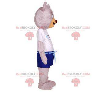 Großes graues Teddybärmaskottchen gekleidet in Sommerkleidung -