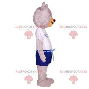 Big gray teddy bear mascot dressed in summer clothes -