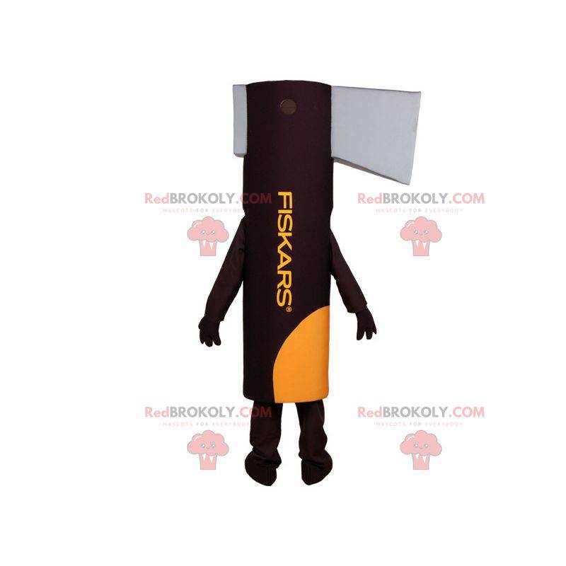 Mascot hacha gigante marrón y gris. Mascota de la herramienta -