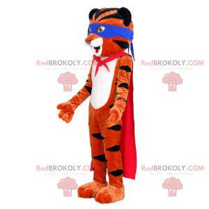 Mascote tigre laranja e preto com uma faixa na cabeça e uma