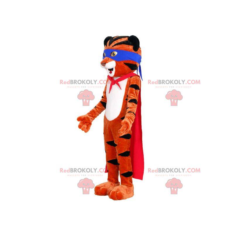 Oranje en zwarte tijger mascotte met een hoofdband en een cape