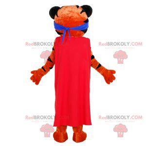 Mascotte de tigre orange et noir avec un bandeau et une cape -