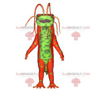 Mascote monstro inseto verde e laranja com antenas -