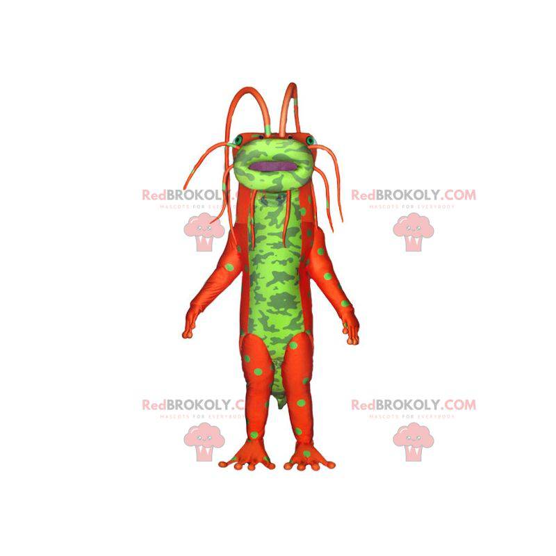 Grøn og orange insektmonster-maskot med antenner -