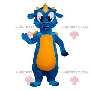 Mascote do dragão azul e amarelo. Traje de dragão colorido -