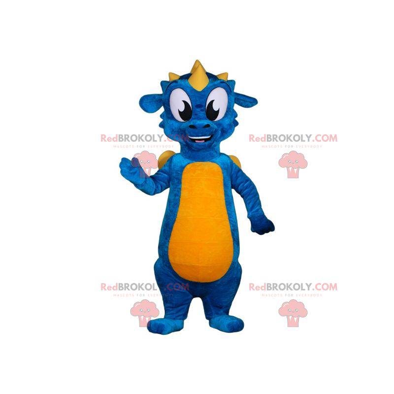 Mascote do dragão azul e amarelo. Traje de dragão colorido -