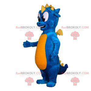 Mascota del dragón azul y amarillo. Traje de dragón colorido -