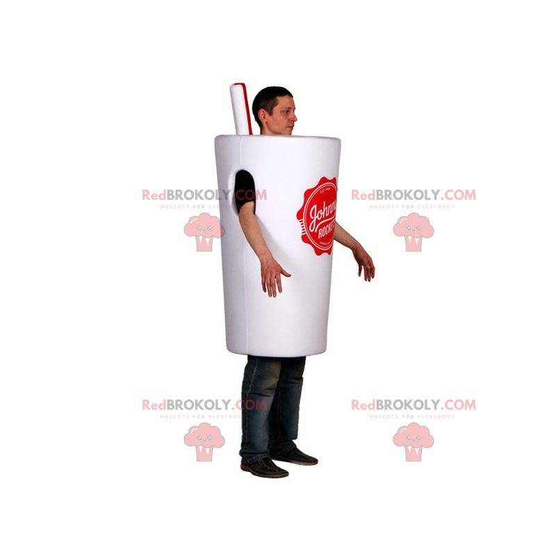 Mascotte de gobelet blanc avec une paille. Costume de boisson -