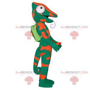 Mascote camaleão verde e laranja com uma língua grande -