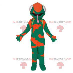 Mascot green and orange chameleon with a big tongue -