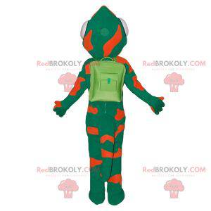 Mascot green and orange chameleon with a big tongue -