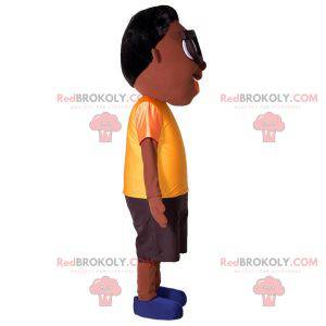 Mascotte van jonge Afrikaanse jongen met een grote bril -