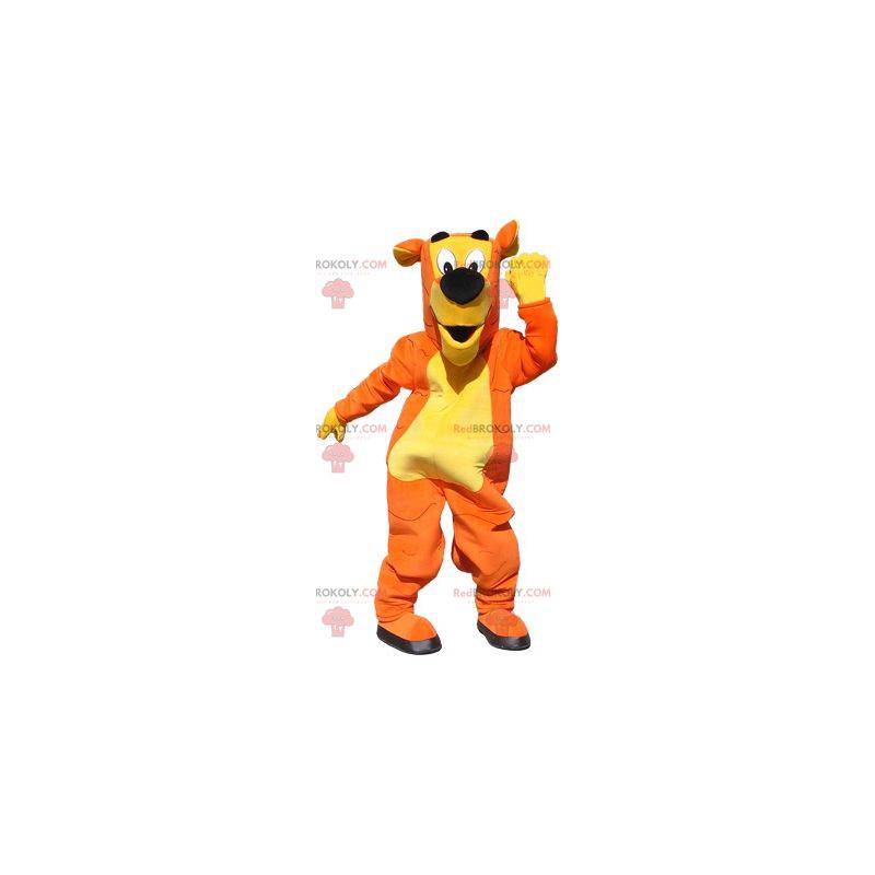 Mascotte de chien géant orange et jaune. Costume de chien -