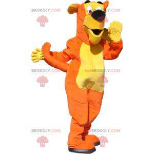 Mascote do cão gigante laranja e amarelo. Fantasia de cachorro