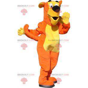 Mascote do cão gigante laranja e amarelo. Fantasia de cachorro
