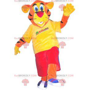 Mascote tigre vestido com roupas esportivas. Fantasia de tigre