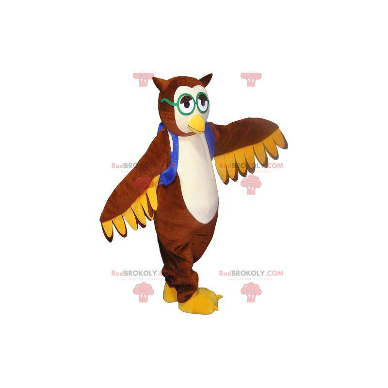 Mascotte de hibou de chouette marron avec des lunettes -