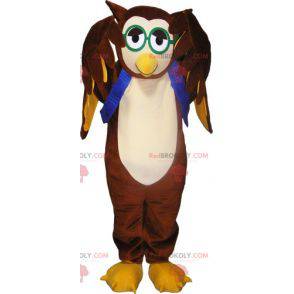 Mascotte de hibou de chouette marron avec des lunettes -