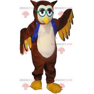 Mascotte de hibou de chouette marron avec des lunettes -