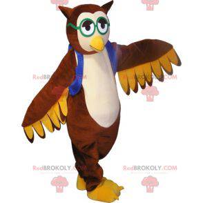 Mascotte de hibou de chouette marron avec des lunettes -