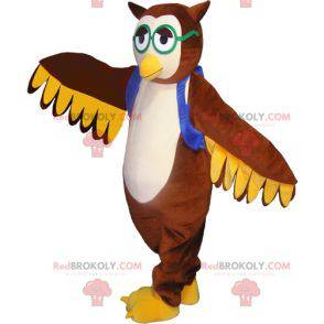 Mascotte de hibou de chouette marron avec des lunettes -