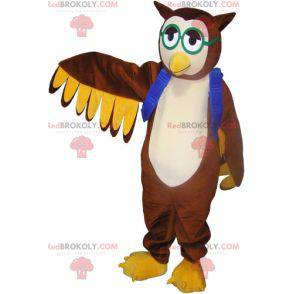 Mascotte de hibou de chouette marron avec des lunettes -