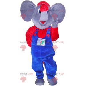 Mascotte d'éléphant gris et rouge habillé d'une salopette -