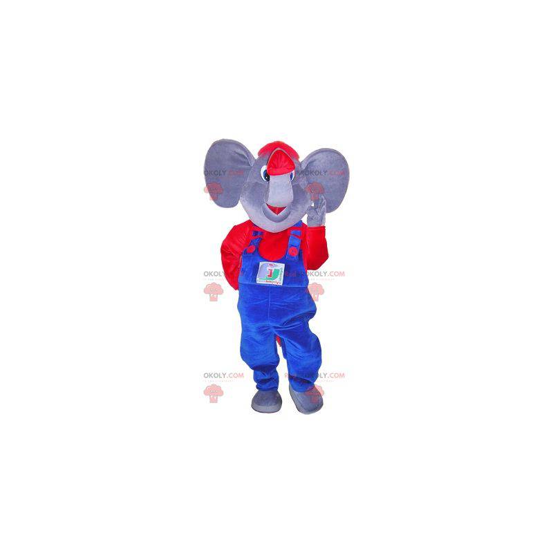 Mascote elefante cinza e vermelho vestido de macacão -
