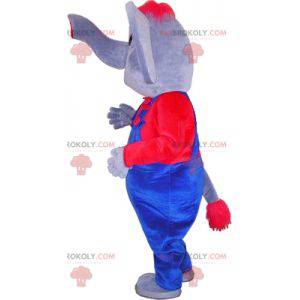 Gray and red elephant mascot dressed in overalls -