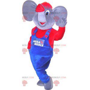 Mascote elefante cinza e vermelho vestido de macacão -