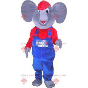Gray and red elephant mascot dressed in overalls -