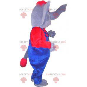 Gray and red elephant mascot dressed in overalls -