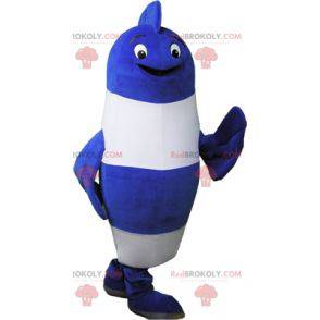 Mascota de pescado azul y blanco muy divertida - Redbrokoly.com