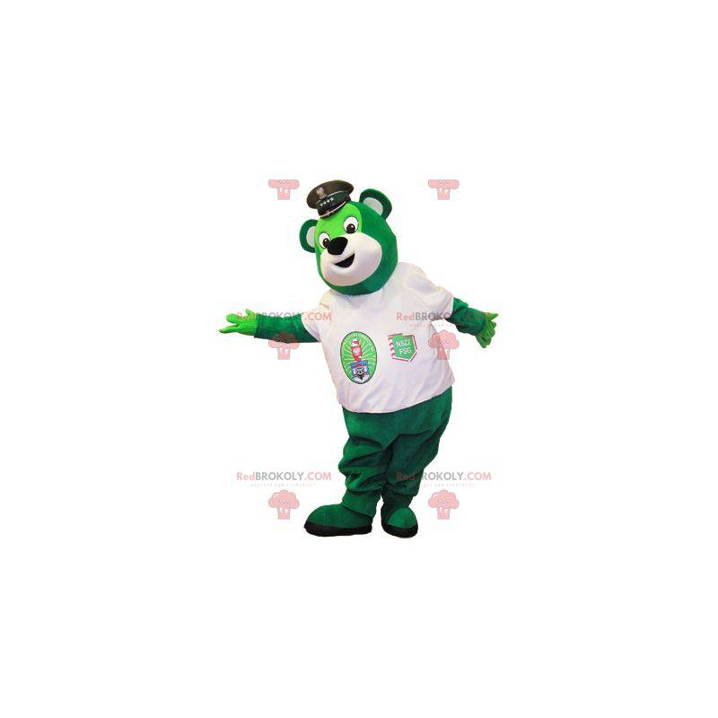 Mascotte d'ours vert avec une casquette de policier -