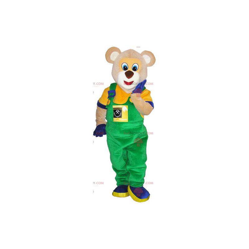 Beige beer mascotte gekleed in een kleurrijke outfit -