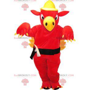 Mascot red and yellow griffin with a helmet and tools. Vulture