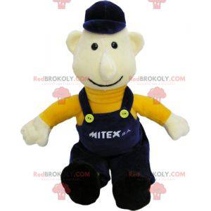 Arbeiter Schneemann Maskottchen in blauen Overalls gekleidet -