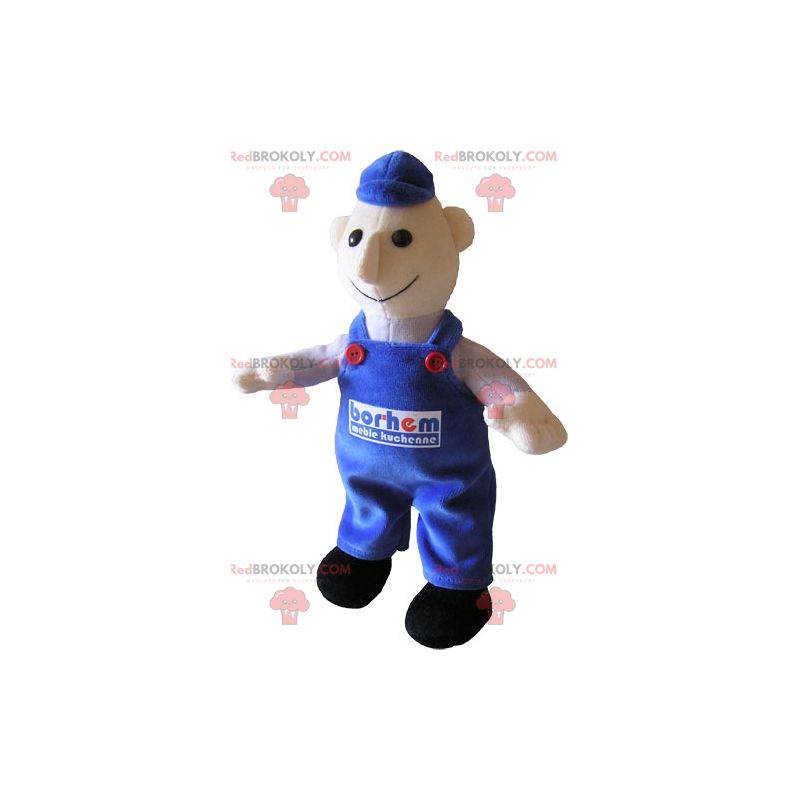 Schneemann Maskottchen in blauen Overalls gekleidet. Mechaniker