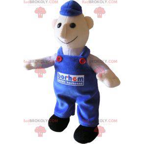 Snowman mascot dressed in blue overalls. Mechanic -