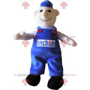 Schneemann Maskottchen in blauen Overalls gekleidet. Mechaniker