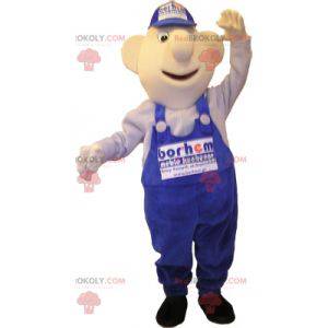 Snowman mascot dressed in blue overalls. Mechanic -