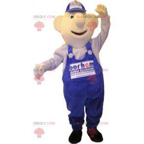 Snowman mascot dressed in blue overalls. Mechanic -