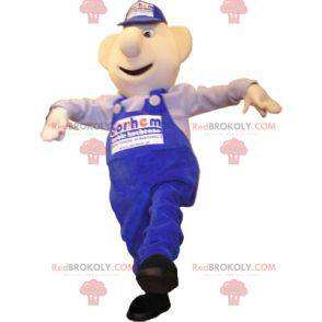 Snowman mascot dressed in blue overalls. Mechanic -